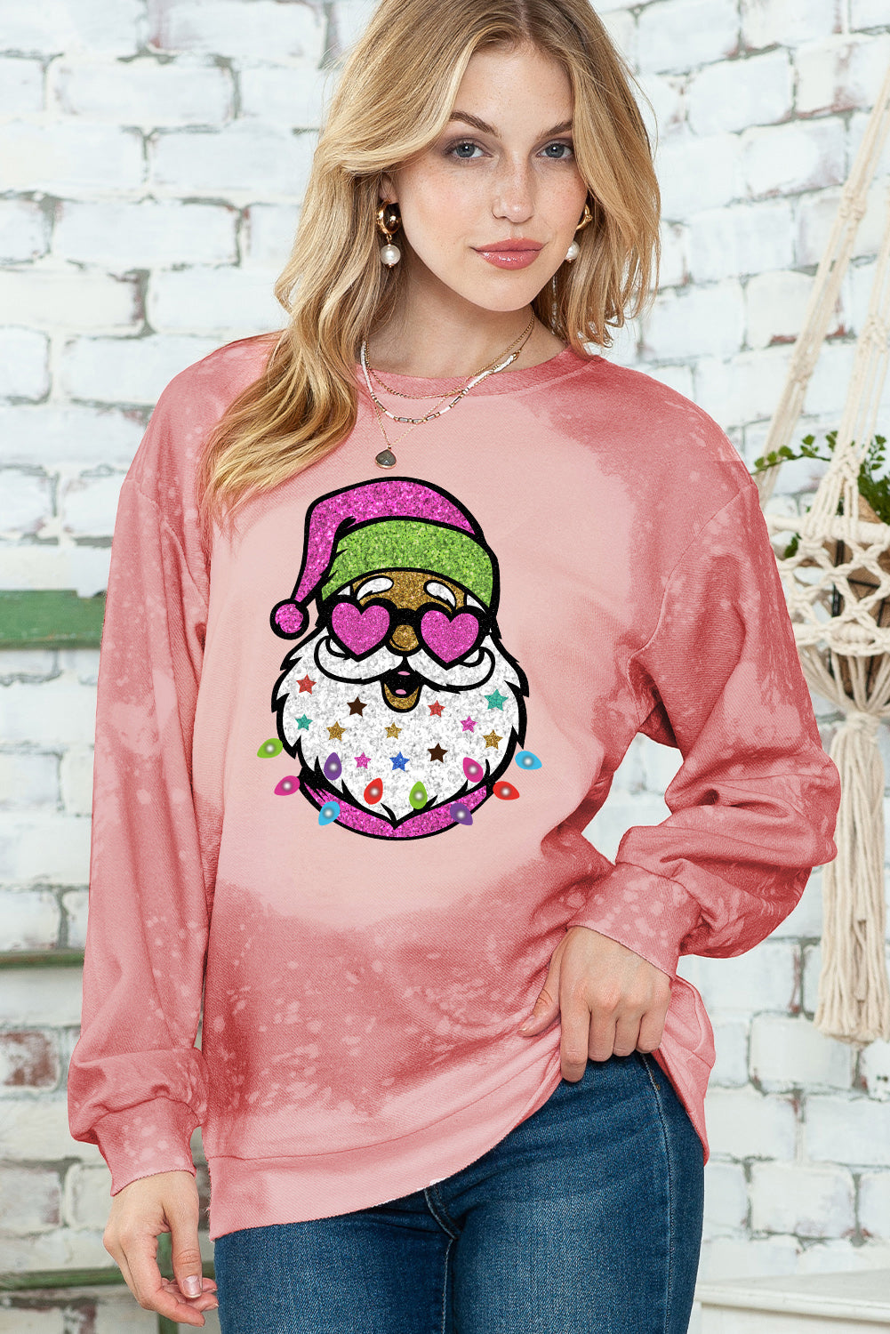 Pink Christmas Santa Claus Bleached Crewneck Graphic Sweatshirt