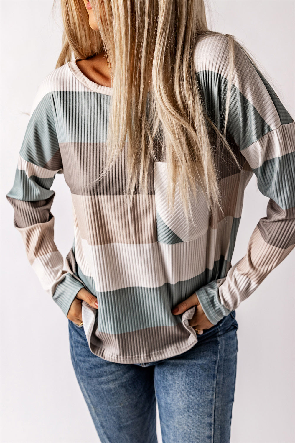 Red Striped Colorblock Ribbed Knit Top with Pocket