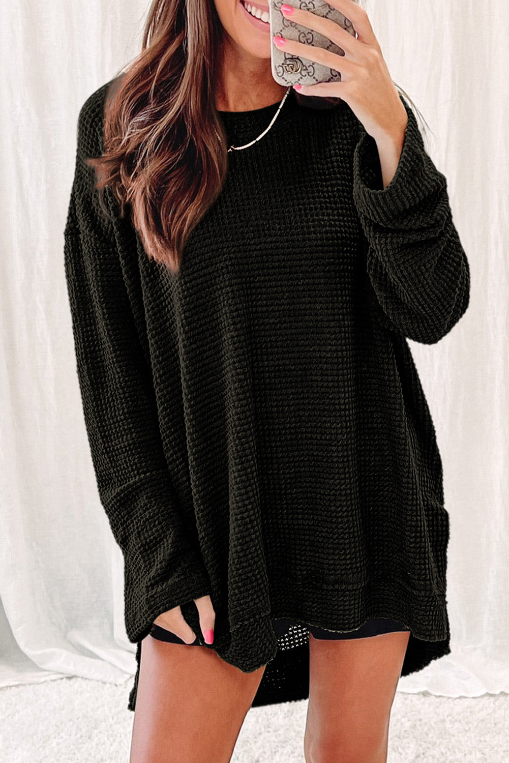 Green Waffle Knit High Slits Oversized Top