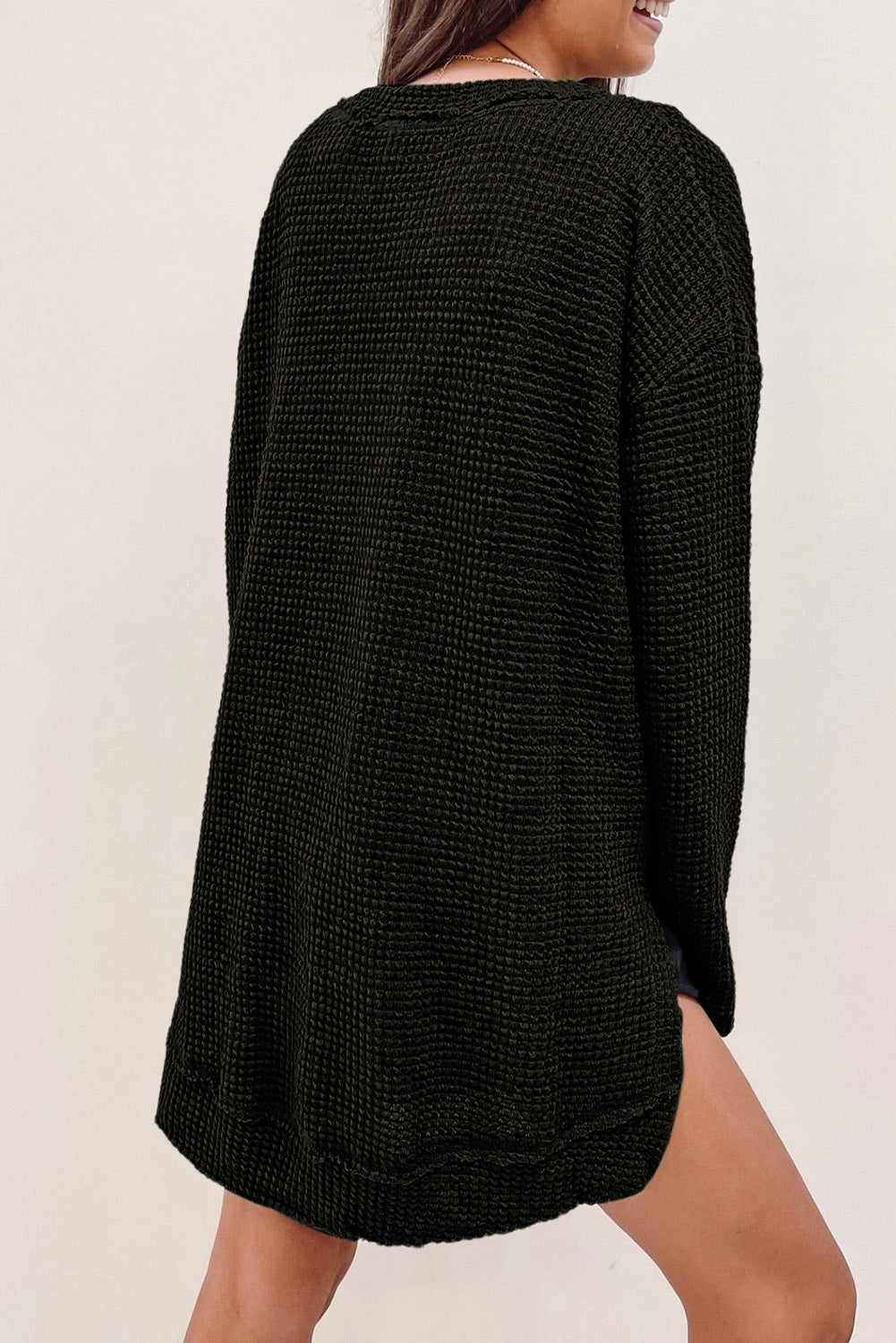 Green Waffle Knit High Slits Oversized Top