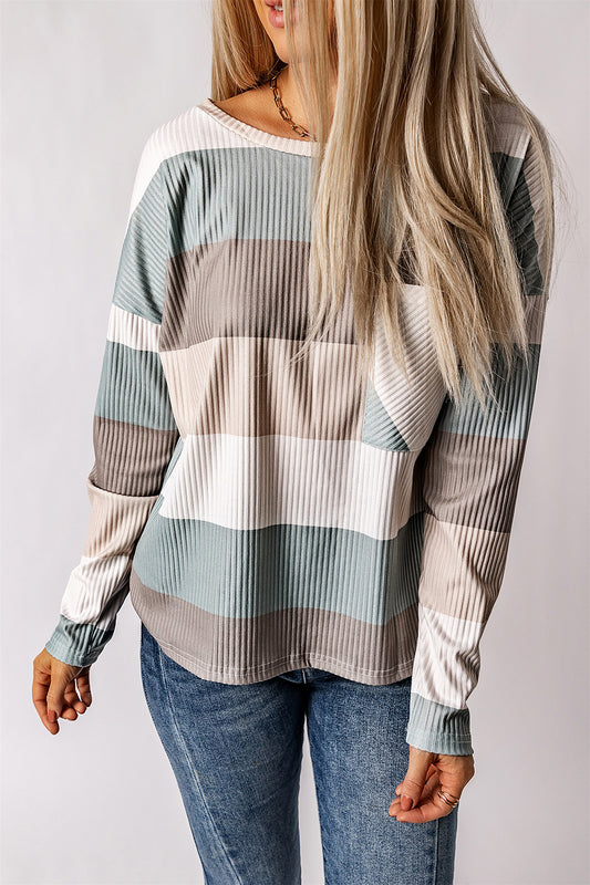 Red Striped Colorblock Ribbed Knit Top with Pocket