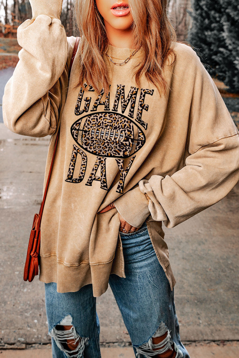 Khaki Loose Leopard GAME DAY Graphic Sweatshirt