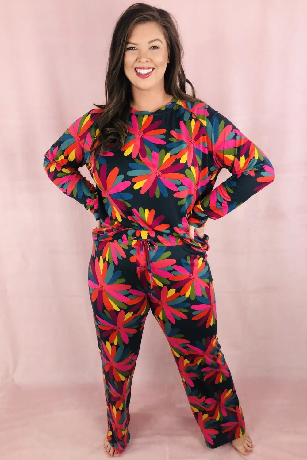 Green Plus Size Printed Long Sleeve and Pants Lounge Set