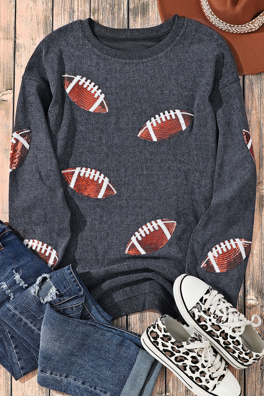 Black Sequin Rugby Graphic Corded Baggy Sweatshirt