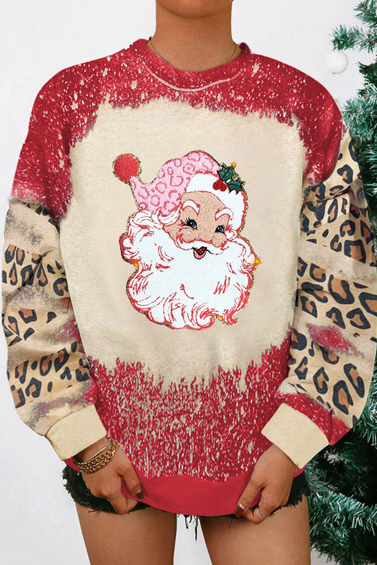 Red Shiny Santa Claus Leopard Sleeve Round Neck Sweatshirt