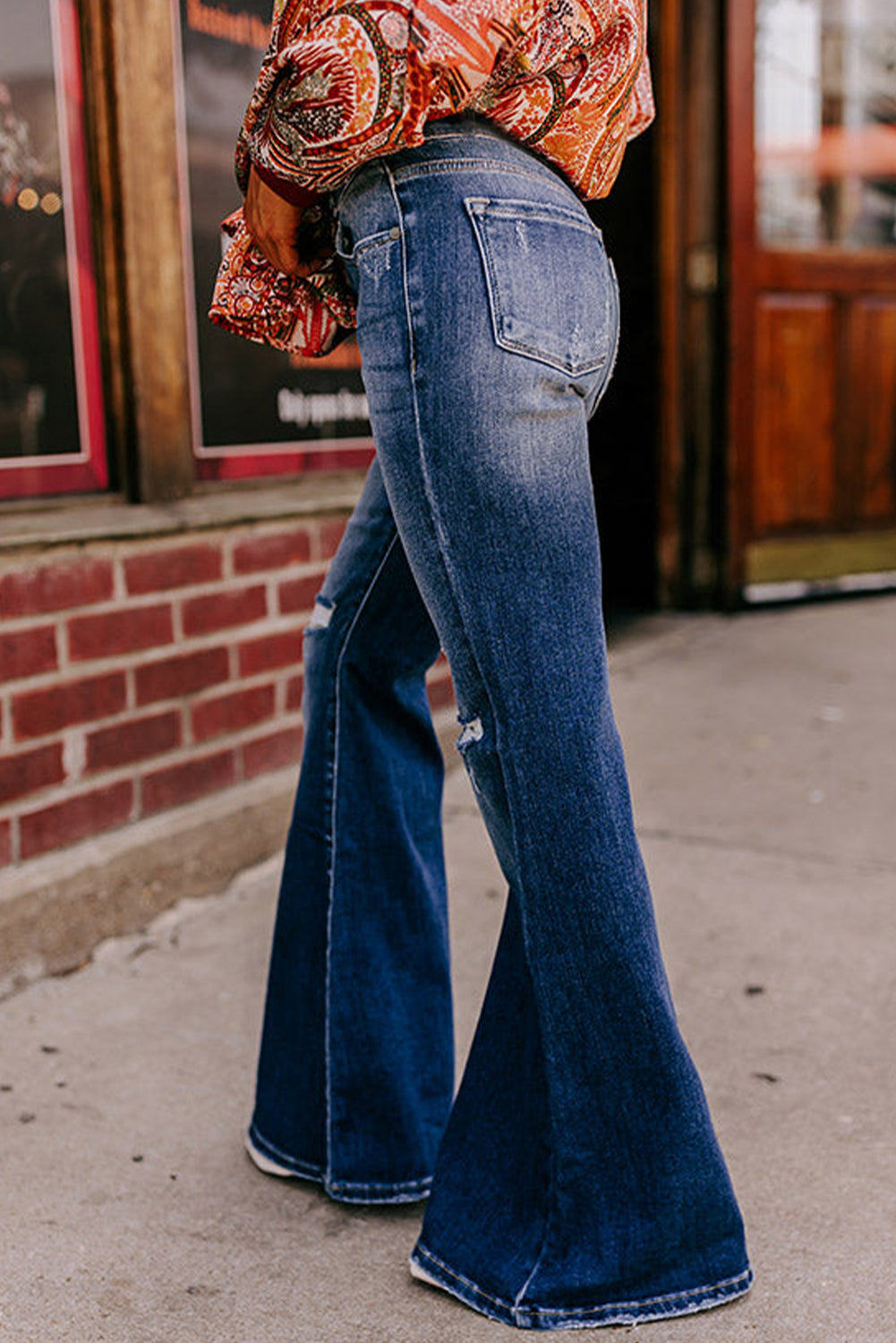 Sky Blue Button Fly Ripped High Waist Flare Jeans