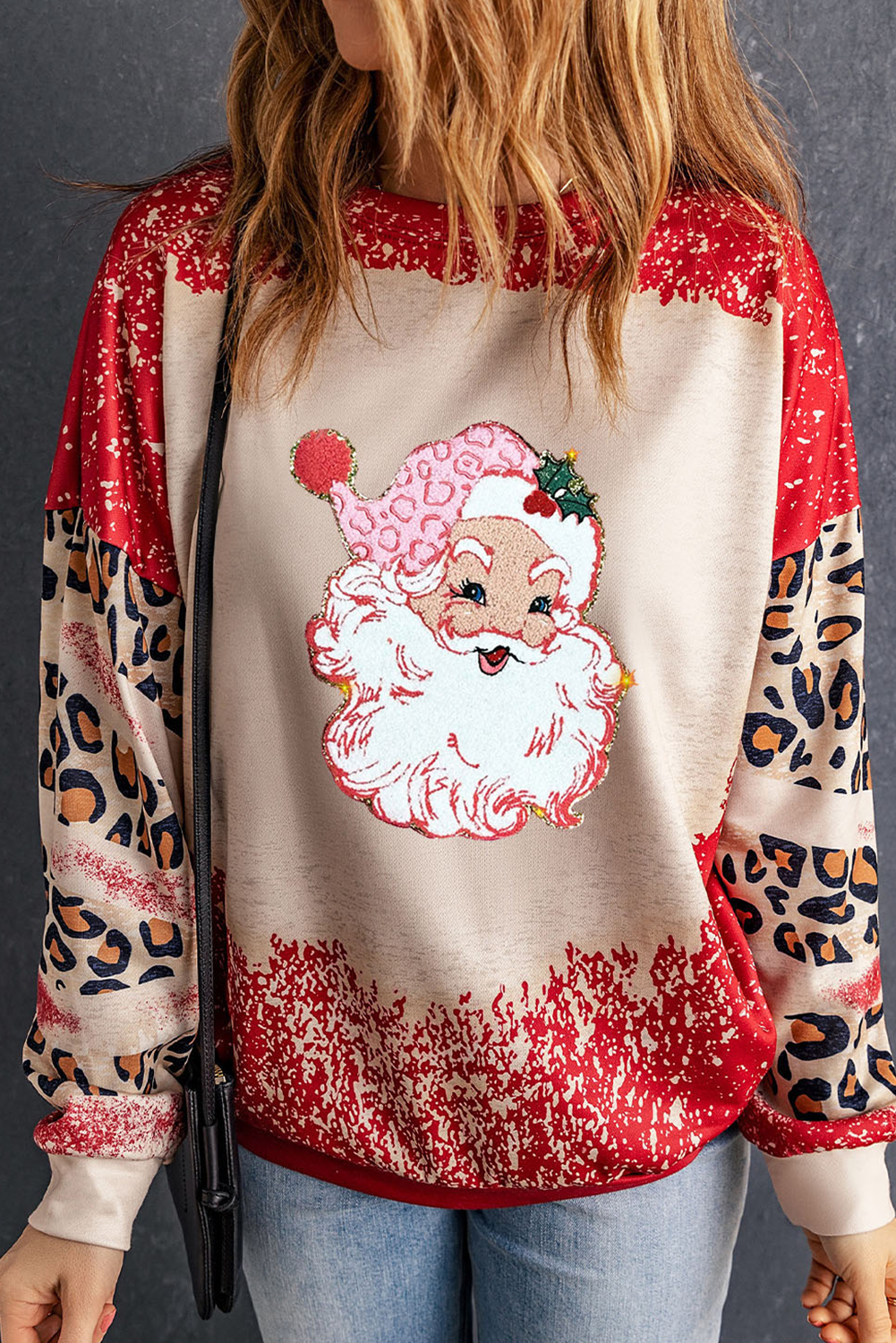 Red Shiny Santa Claus Leopard Sleeve Round Neck Sweatshirt