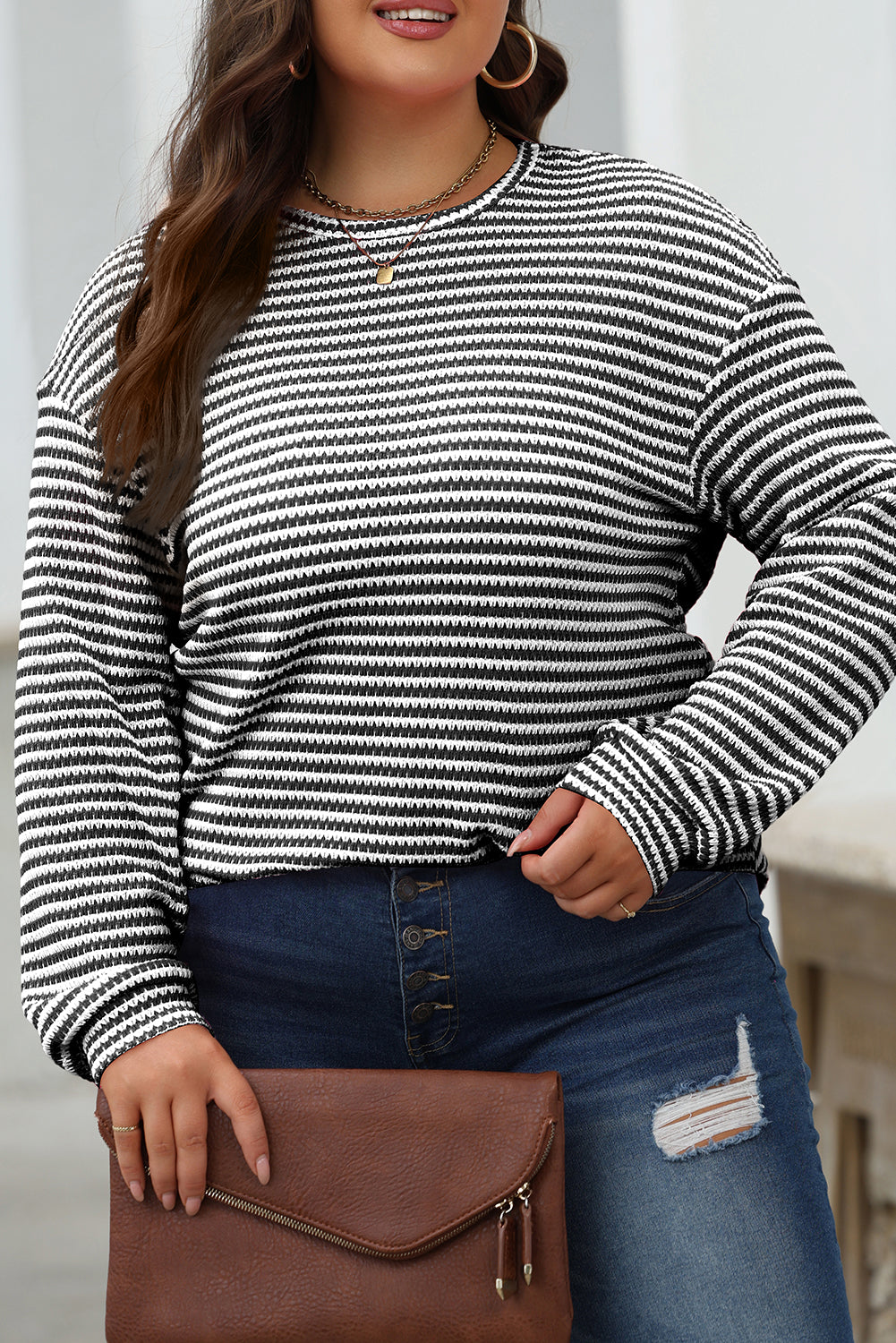 Rose Stripe Round Neck Drop Shoulder Long Sleeve Top