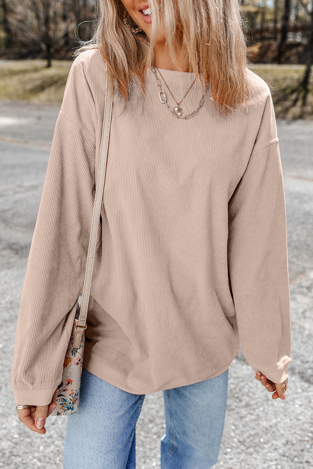 White Ribbed Corduroy Oversized Sweatshirt