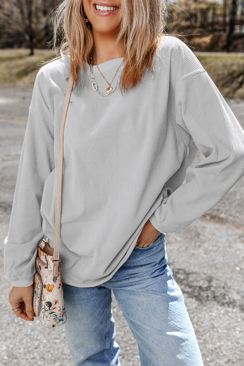 White Ribbed Corduroy Oversized Sweatshirt