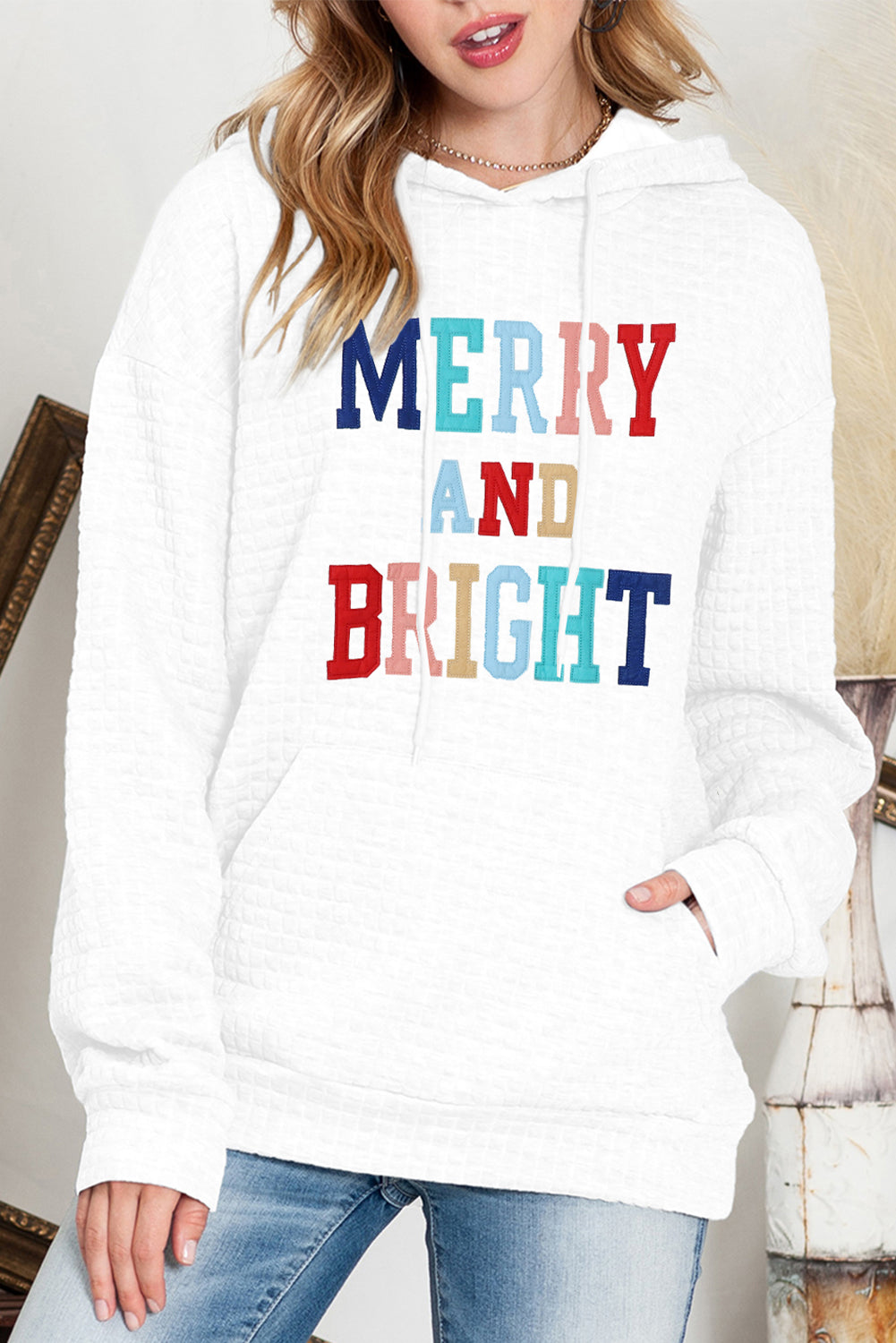 White MERRY AND BRIGHT Lattice Texture Graphic Hoodie