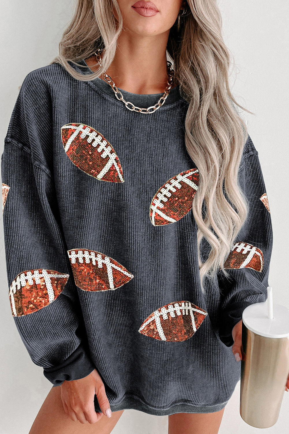 Black Sequin Rugby Graphic Corded Baggy Sweatshirt