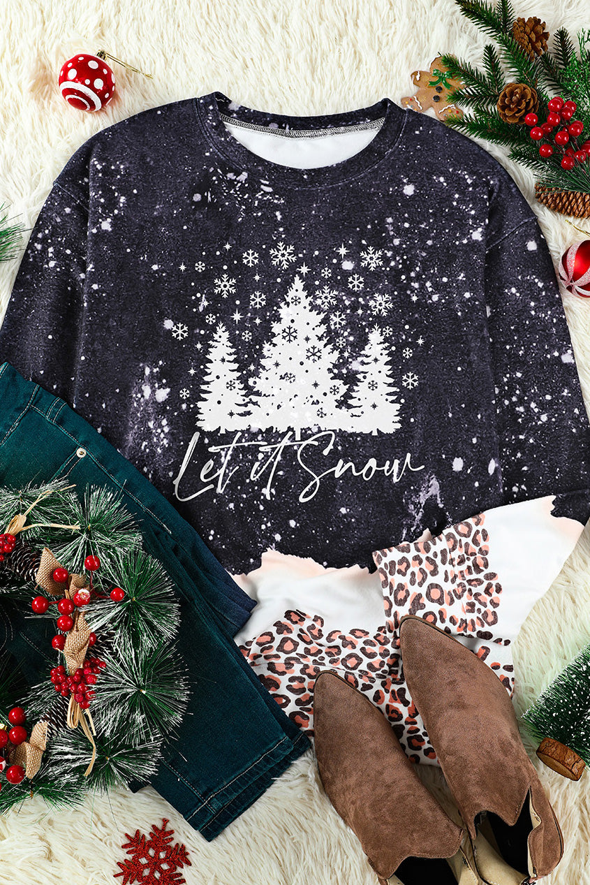 Black Christmas Tree Snowy Leopard Tie Dye Graphic Sweatshirt