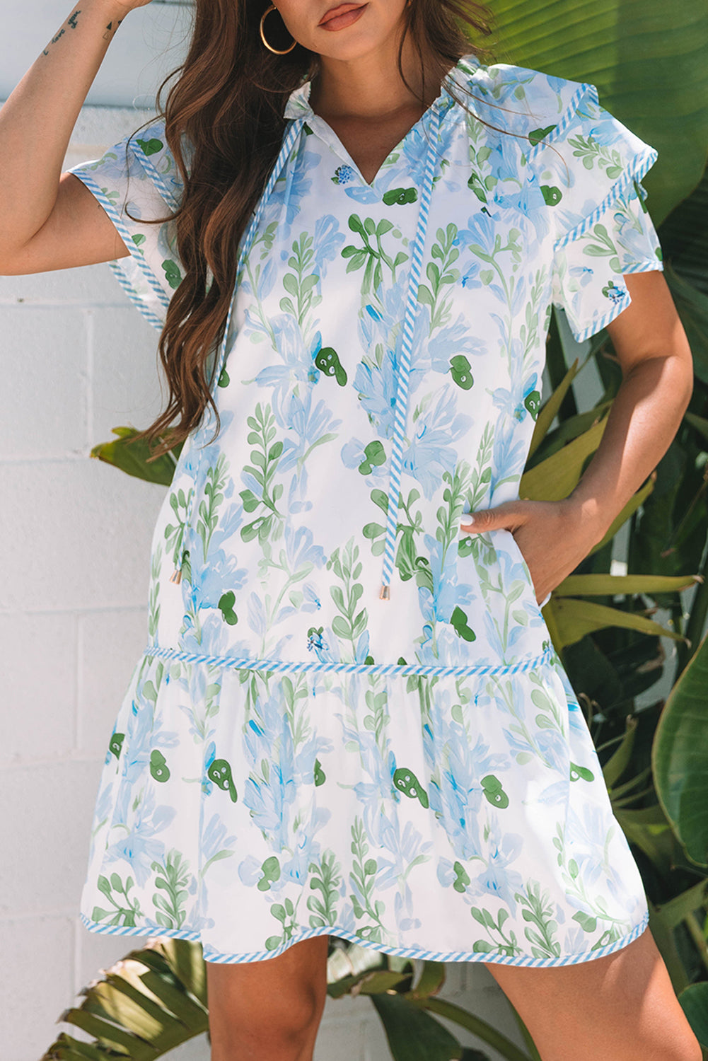 Pink Floral Contrast Edge Layered Short Sleeve Mini Dress