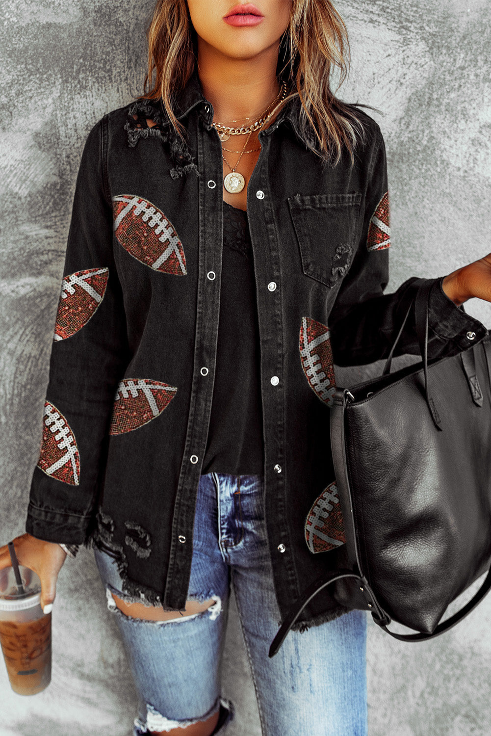 Black Sequined Rugby FootballGraphic Frayed Denim Shacket