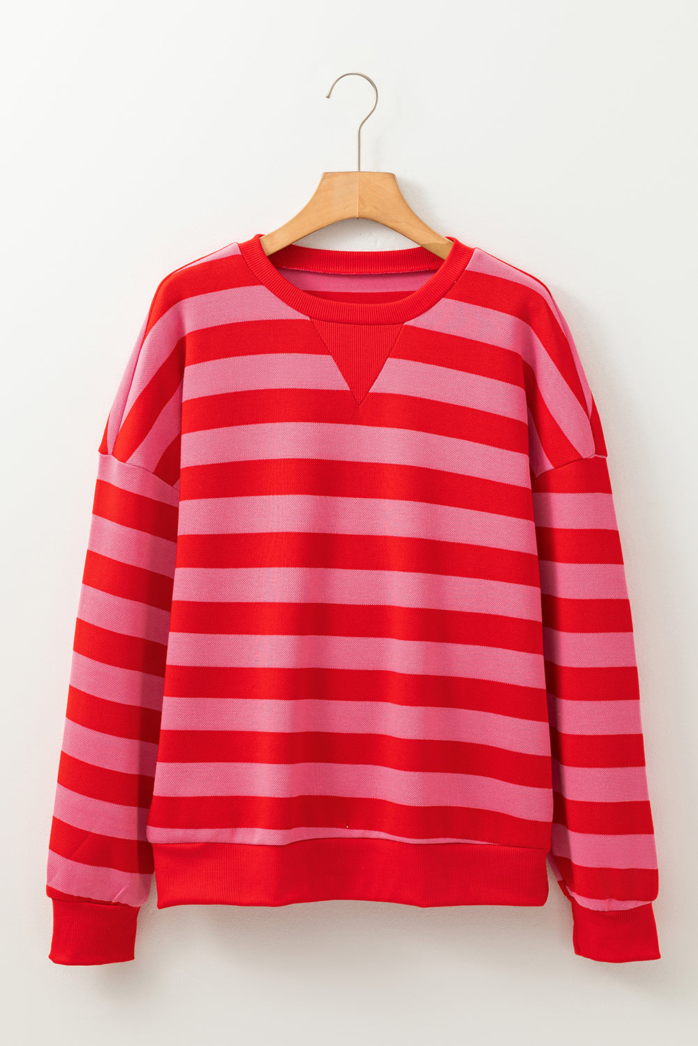 Red Stripe Long Sleeve Round Neck Drop Shoulder Top