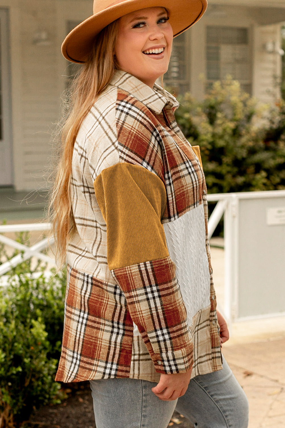 Golden Apricot Plus Size Plaid Patchwork Button up Shacket