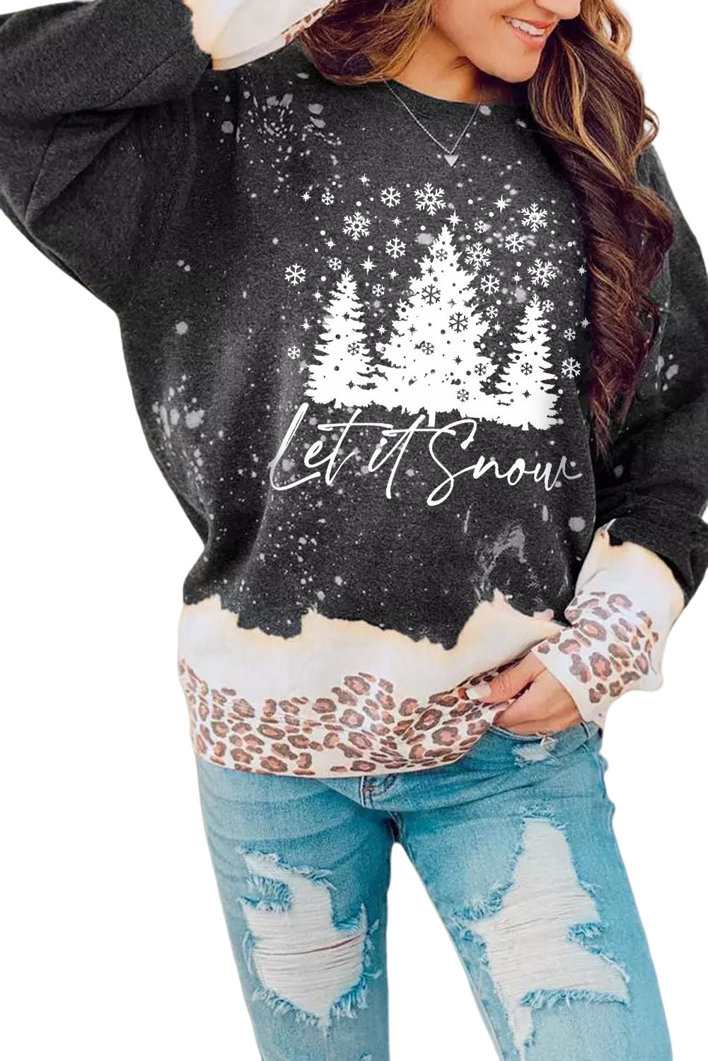 Black Christmas Tree Snowy Leopard Tie Dye Graphic Sweatshirt