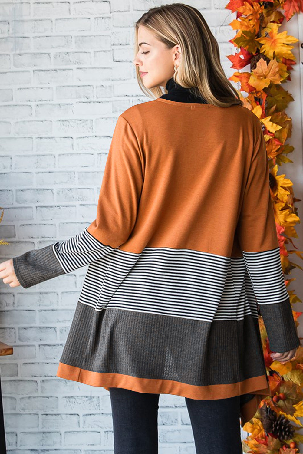 Orange Colorblock Striped Patchwork Open Cardigan