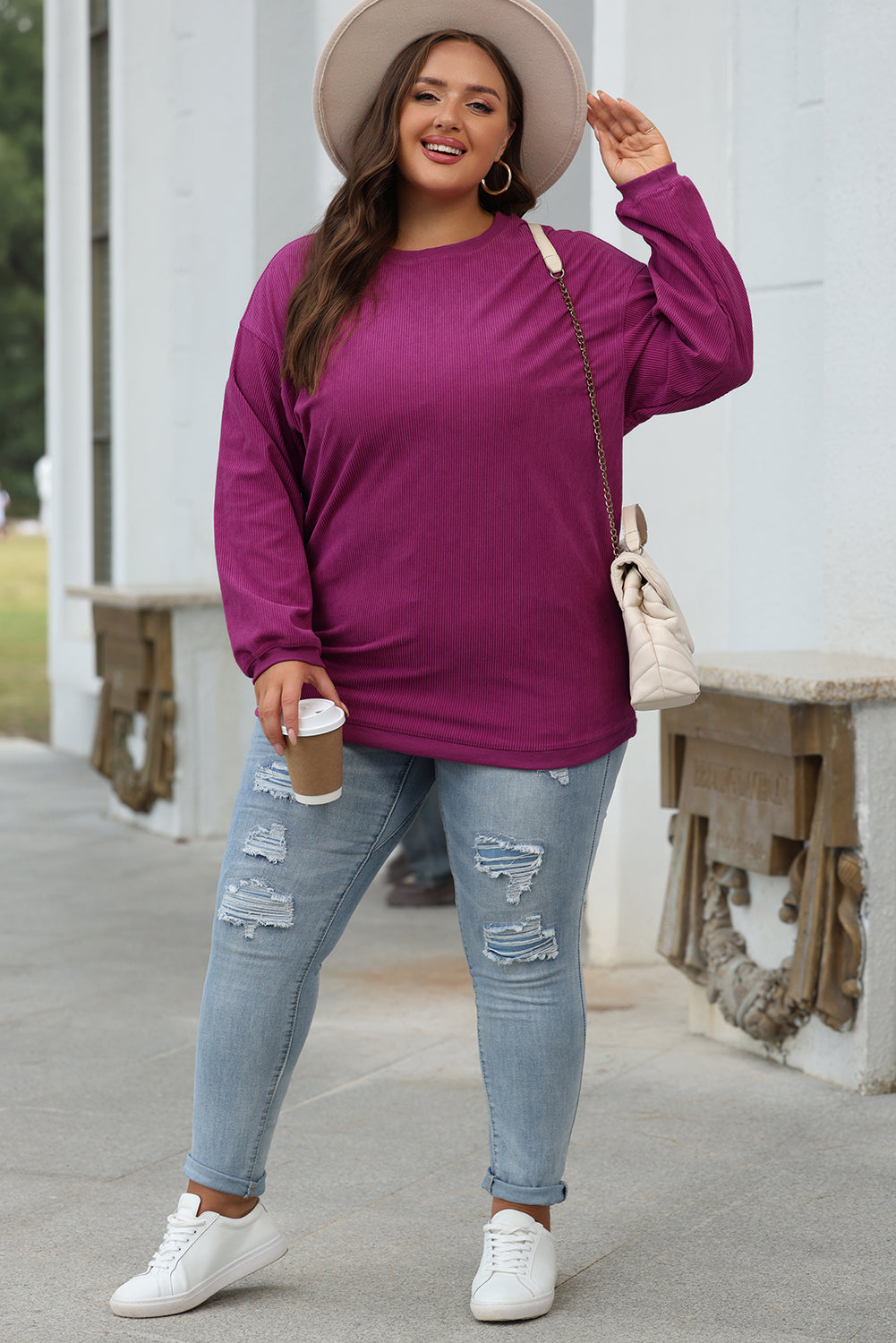 White Ribbed Corduroy Oversized Sweatshirt