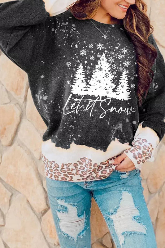 Black Christmas Tree Snowy Leopard Tie Dye Graphic Sweatshirt