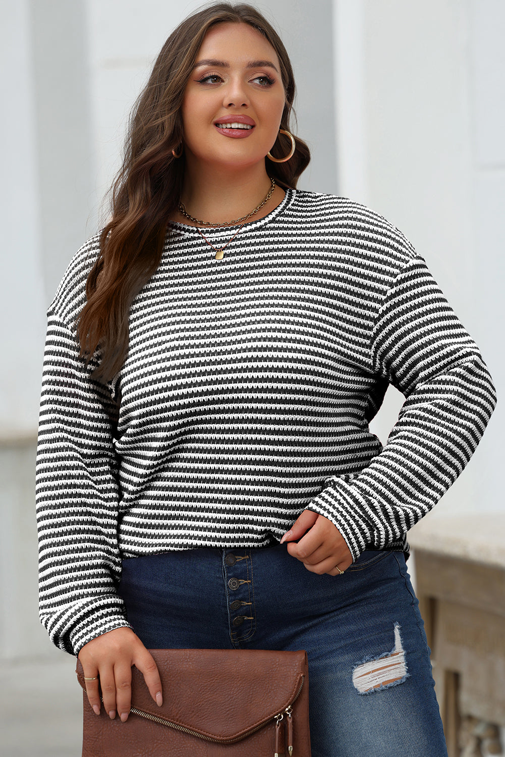 Rose Stripe Round Neck Drop Shoulder Long Sleeve Top