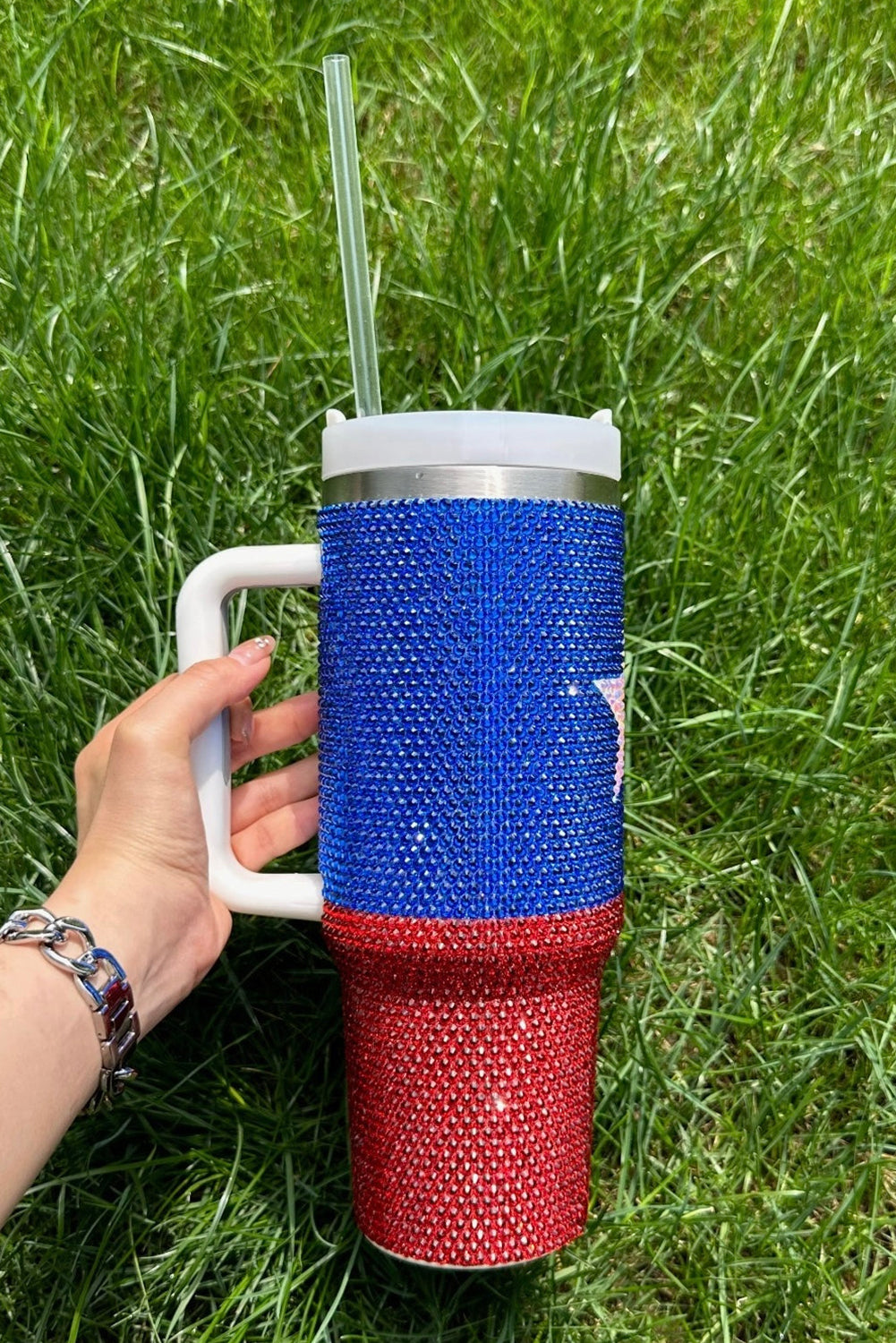 Dark Blue American Flag Star Full Rhinestone Handle Tumbler 40oz