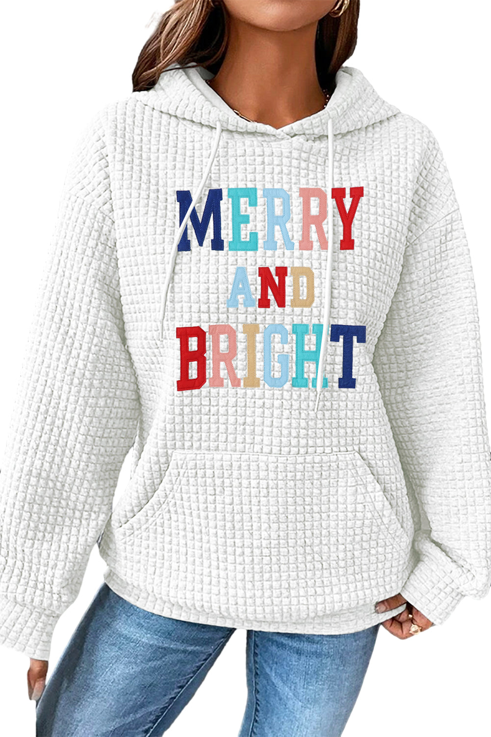 White MERRY AND BRIGHT Lattice Texture Graphic Hoodie