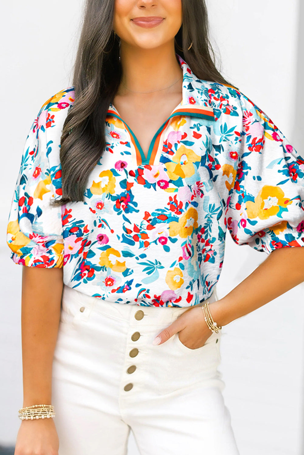 Pink Floral Print Slit V Neck Short Sleeve Blouse