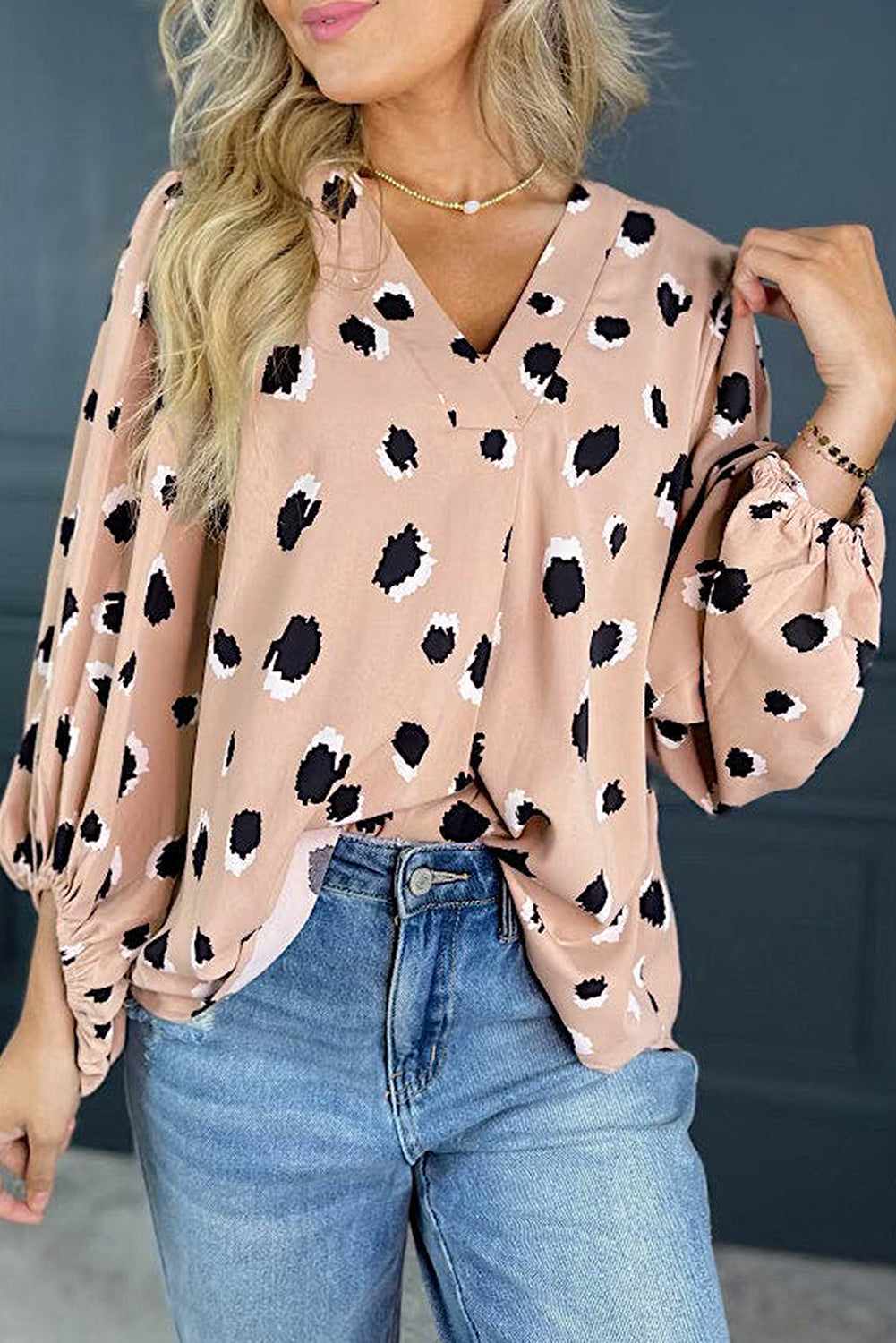 Khaki Classic Leopard V Neck Bracelet Sleeve Blouse