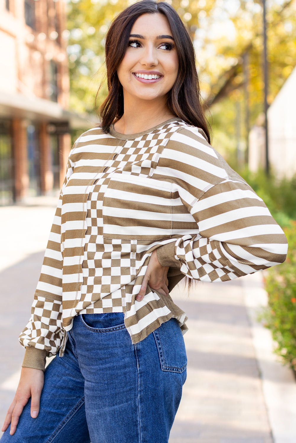 Rose Red Checkerboard Striped Patchwork Lantern Sleeve Pocketed Blouse