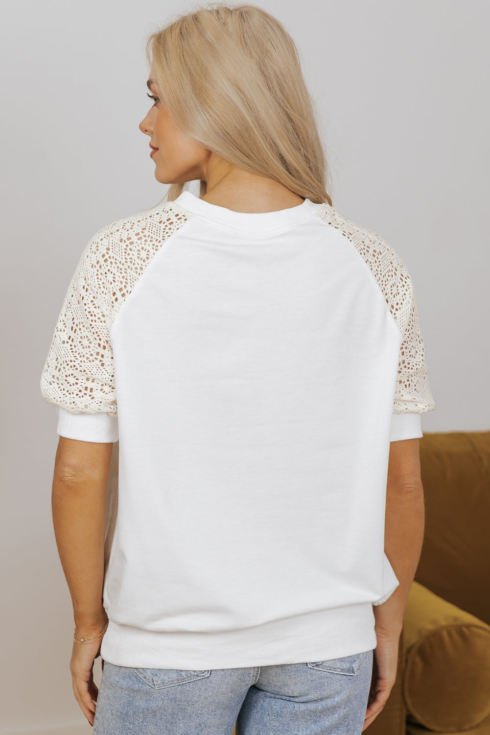 Jet Stream Lace Crochet Short Sleeve Round Neck T Shirt