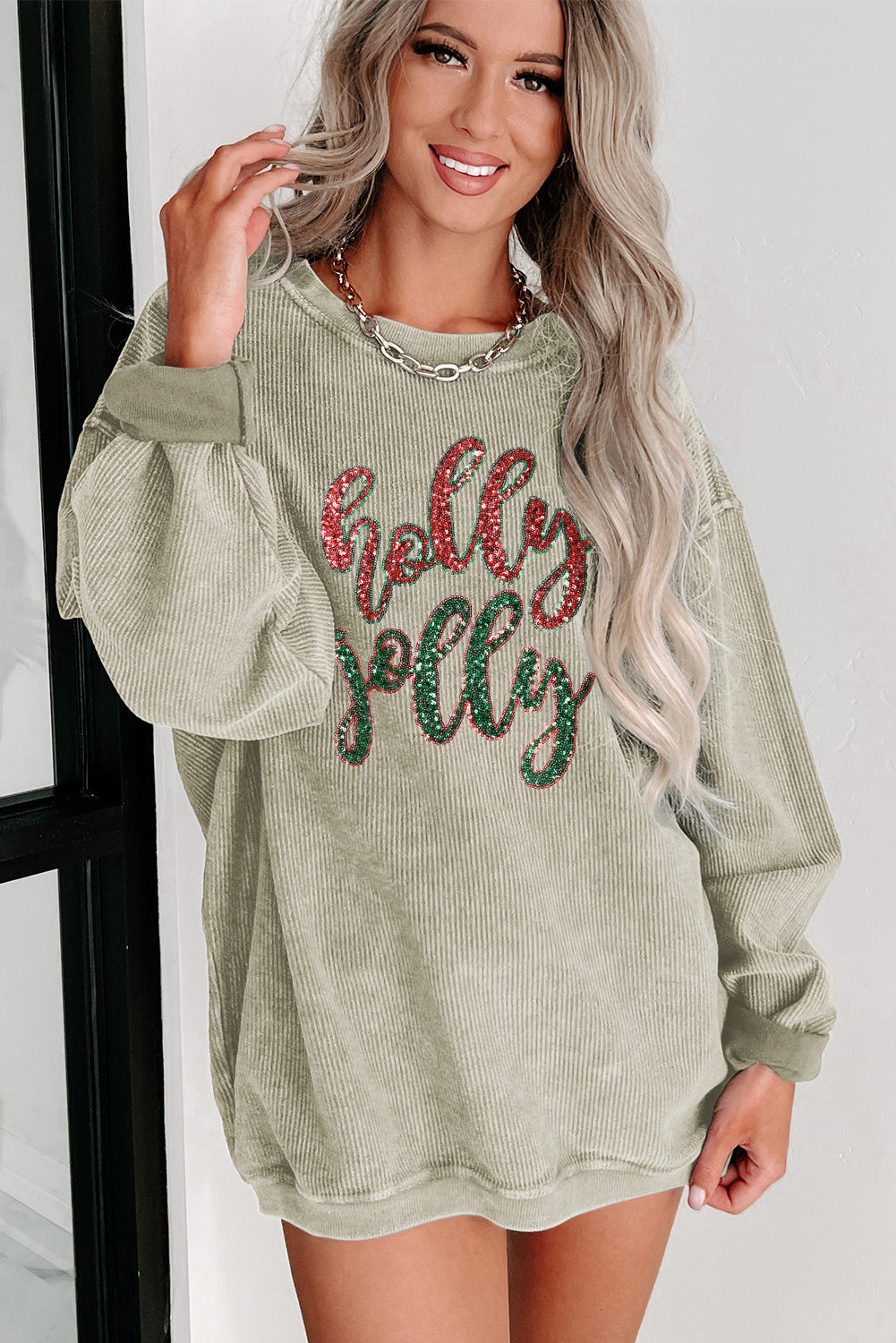 Green Crinkle Rib Christmas Tree Sequin Graphic Sweatshirt