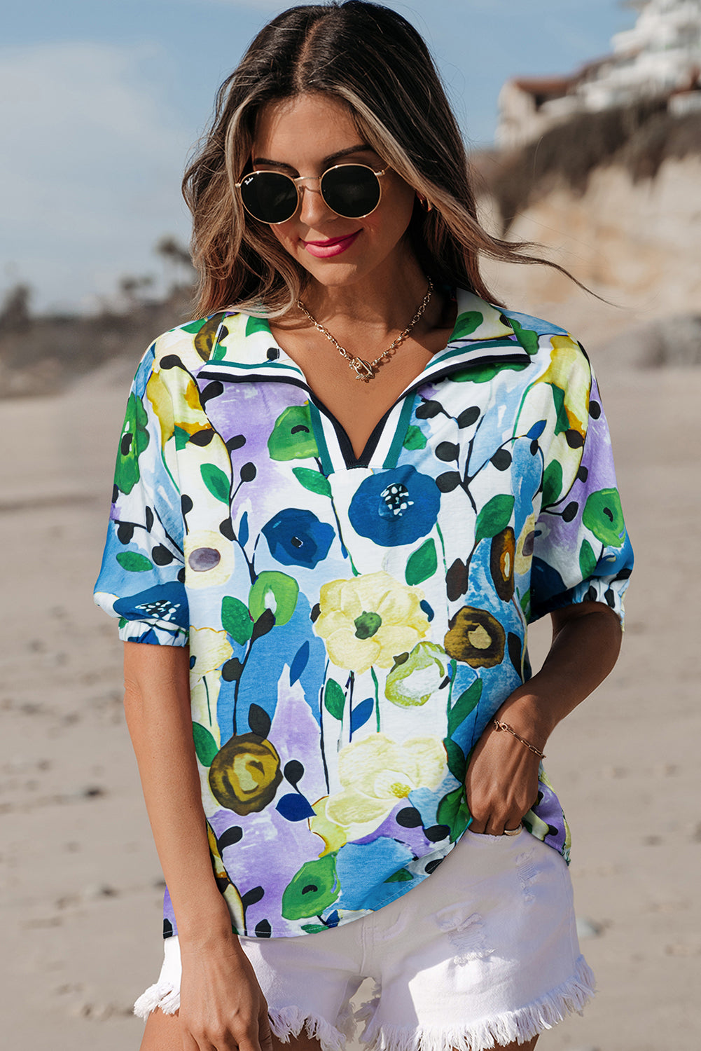 Pink Floral Print Slit V Neck Short Sleeve Blouse