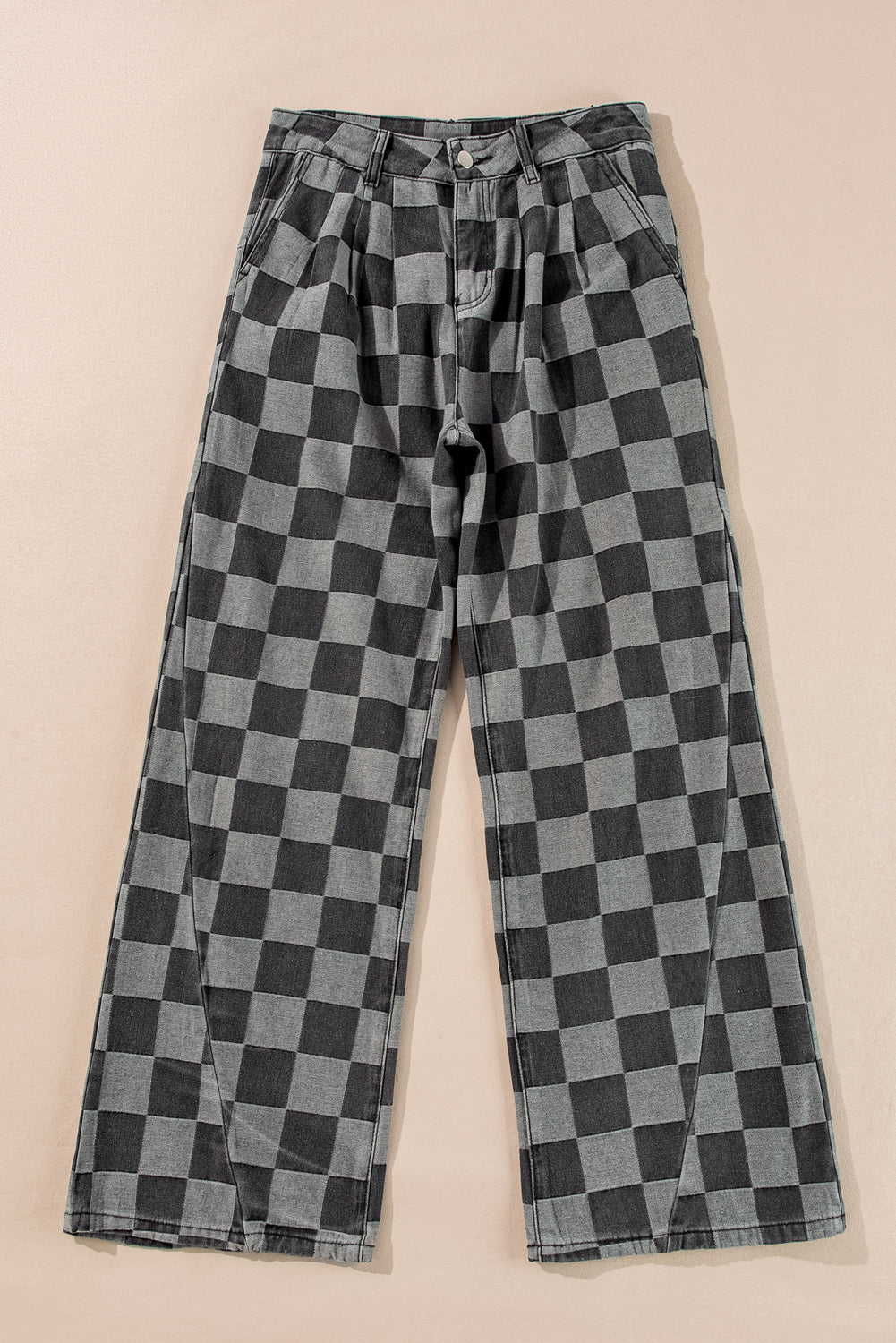 Dusk Blue Checkered Denim Wide Leg Jeans