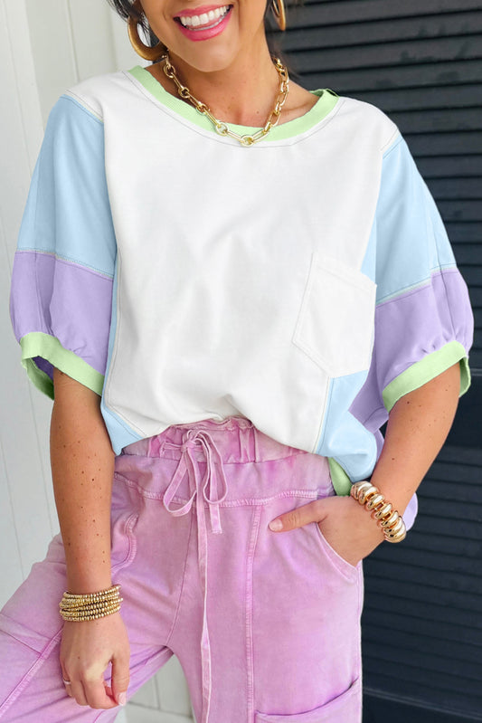 Purple Color Block Patchwork Half Sleeve Oversized T Shirt