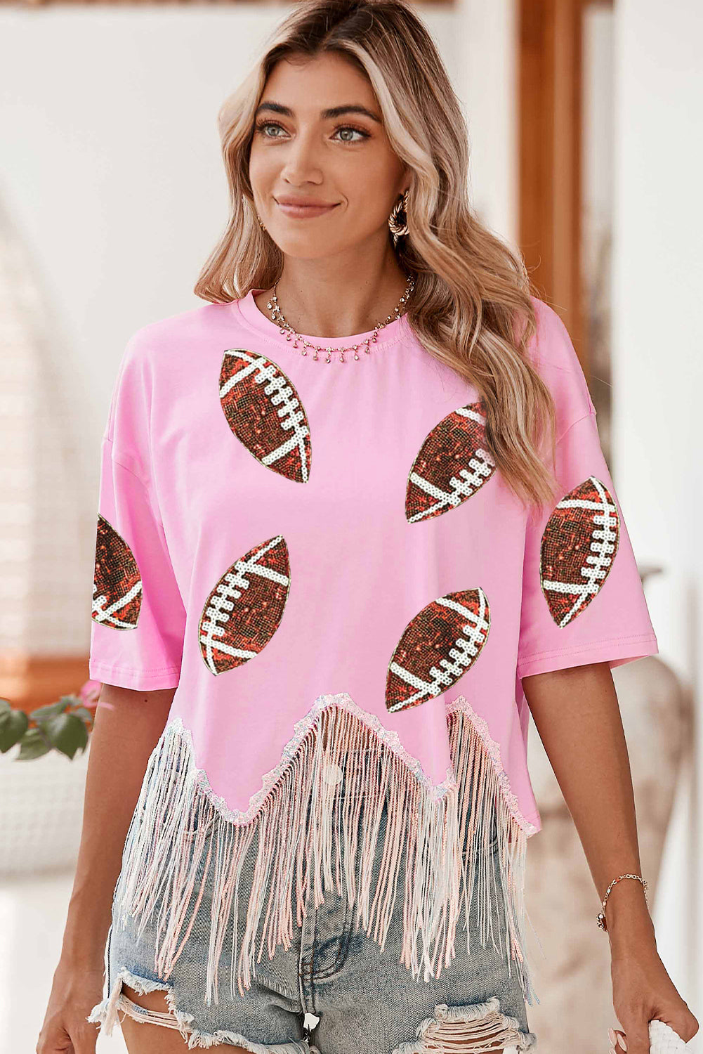 Pink Sequined Rugby Fringe Hem Cropped T Shirt