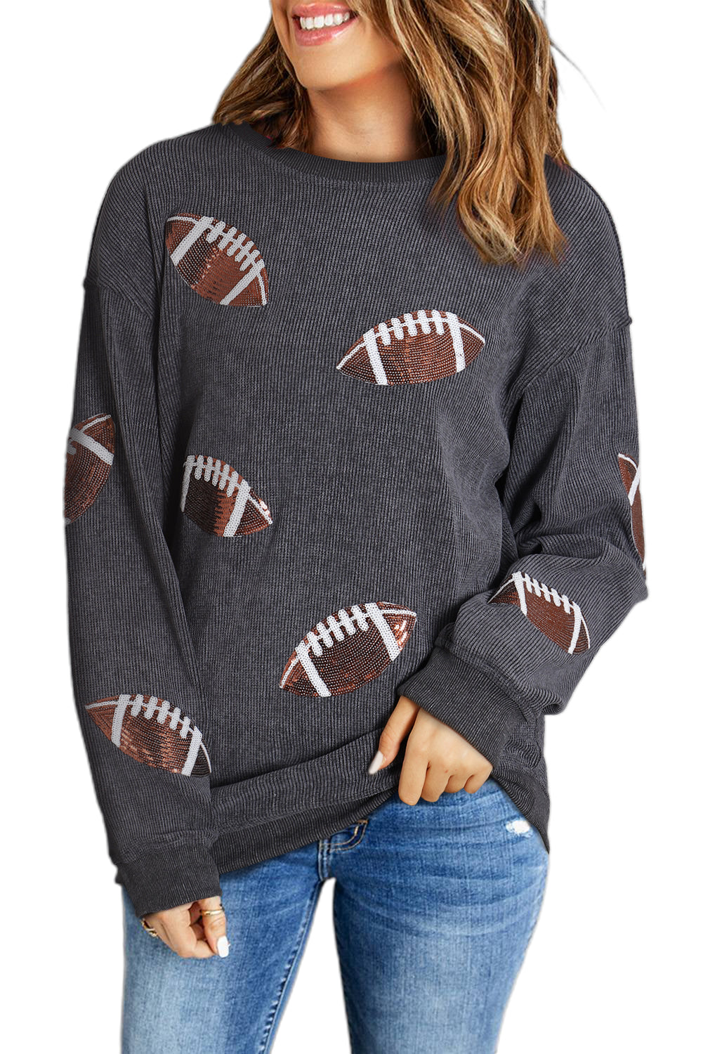 Black Sequin Rugby Graphic Corded Baggy Sweatshirt