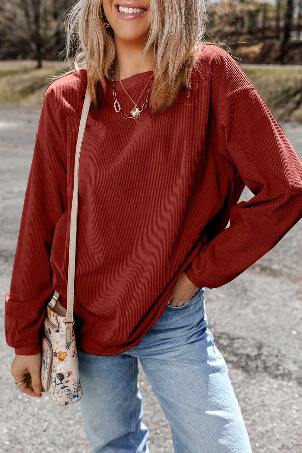 White Ribbed Corduroy Oversized Sweatshirt